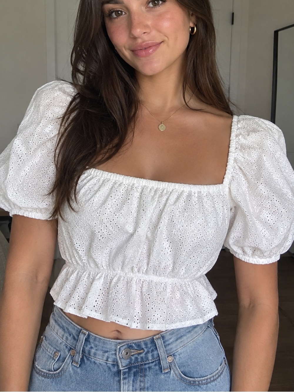 Womens Cotton White Eyelet Puff-Sleeve Top